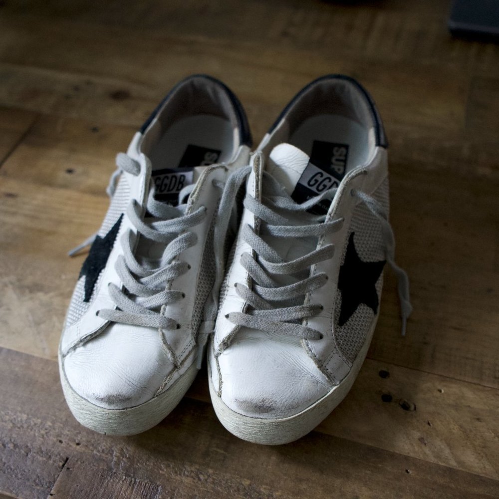 Golden Goose White and Navy Superstar Sneakers